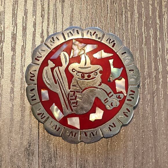 Vintage Alpaca Silver & Abalone Siesta Scene Scalloped Brooch - Picture 1 of 6